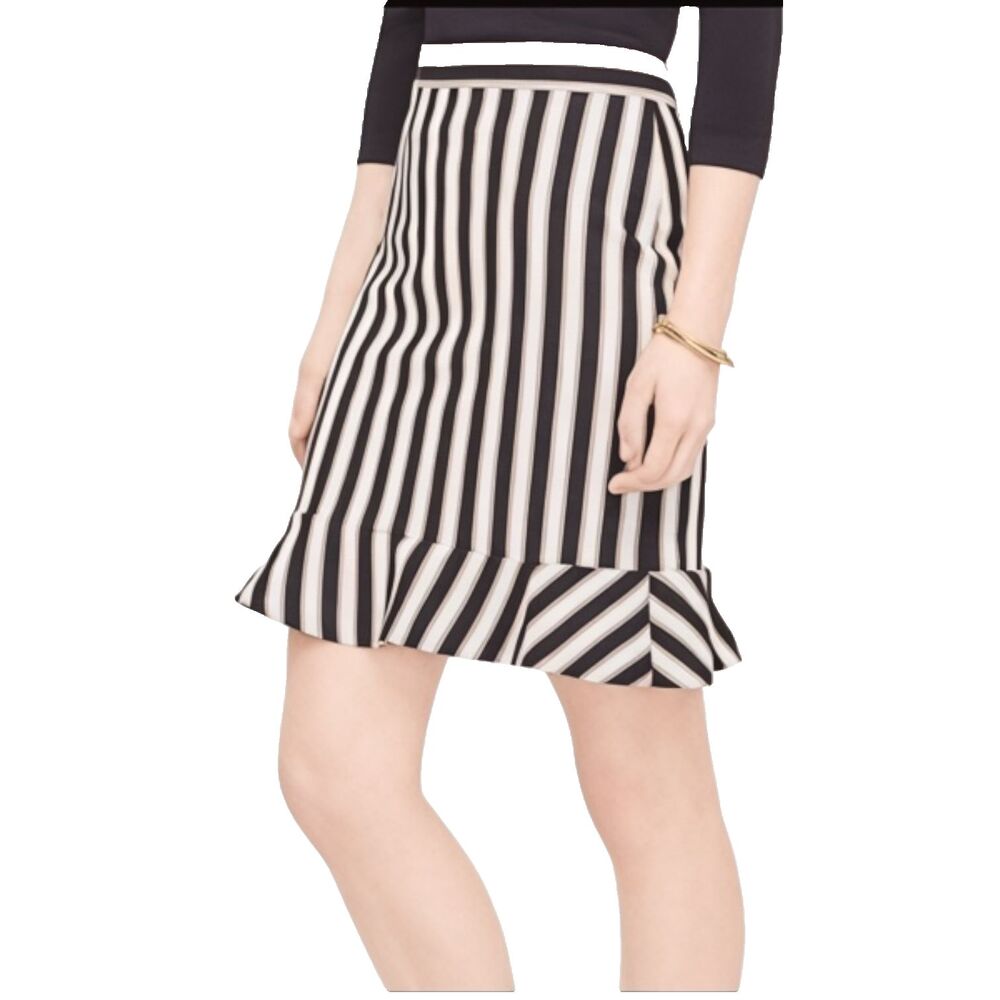 ANN TAYLOR Women's Size 6 Striped Cream Black Beige Ruffle Hem Pencil Skirt